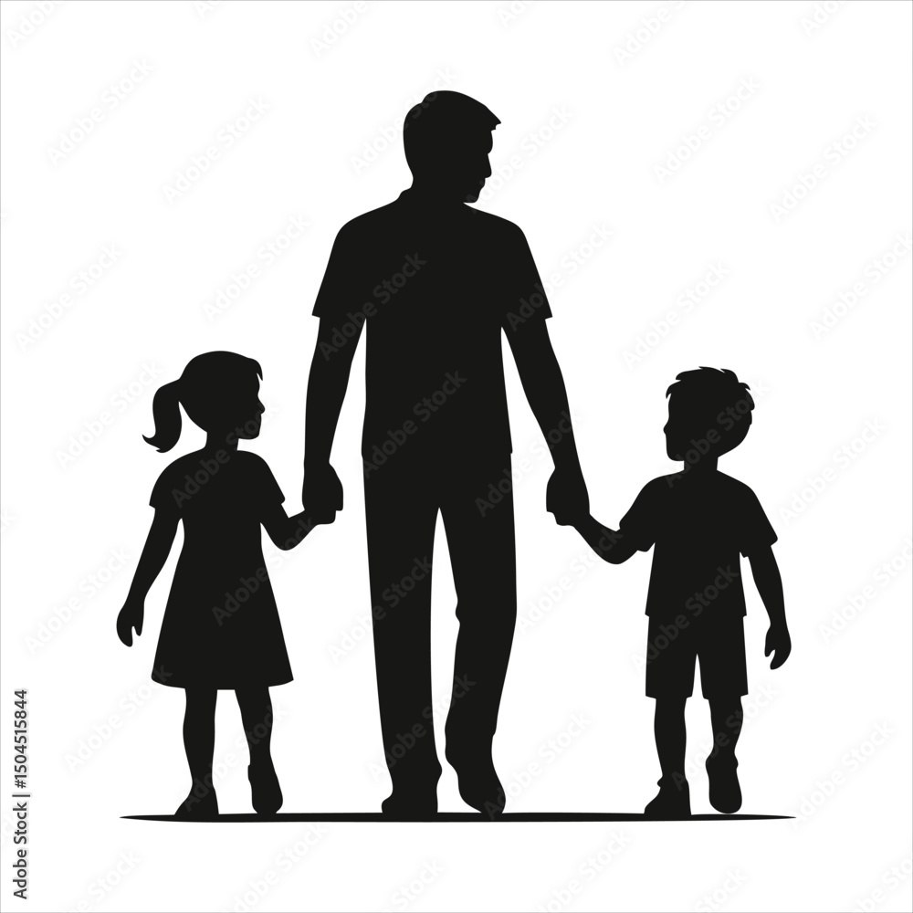 Silhouette of Father Walking Hand in Hand with Son and Daughter – Family Concept Silhouette of Father Walking Hand in Hand with Son and Daughter – Family Concept