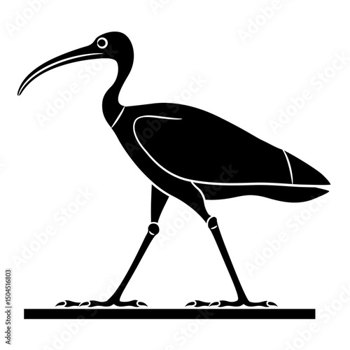 Standing ibis bird. Ethnic ancient Egyptian animal design. Black and white silhouette.
