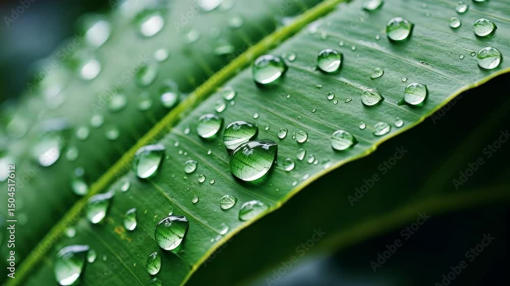 Water droplets resting on vibrant green leaf Water droplets resting on vibrant green leaf