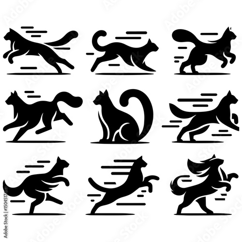 Set of silhouettes of running cats with elegance reflected in stylish cat silhouette patterns