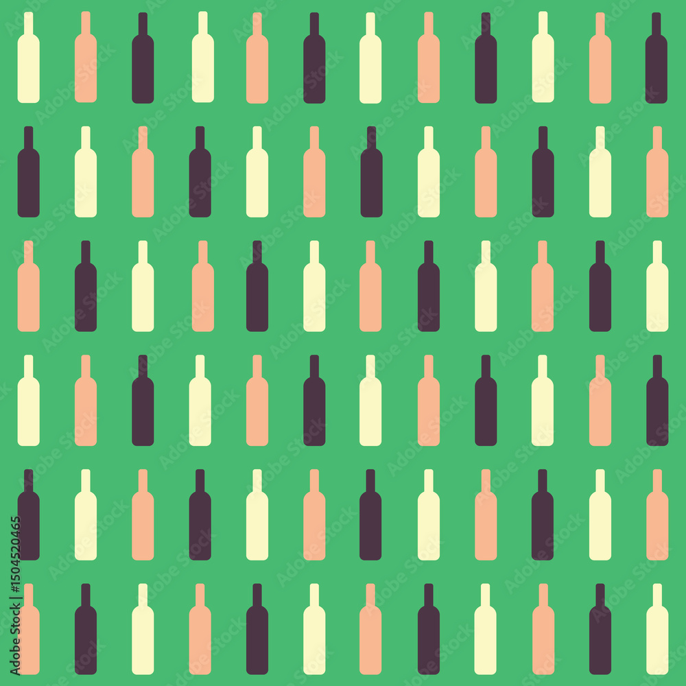 Pattern created from red, rose and white wine bottles on a green background Pattern created from red, rose and white wine bottles on a green background