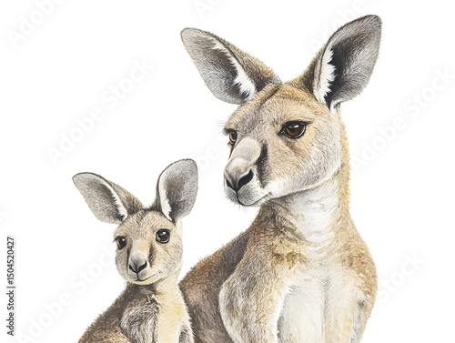Kangaroo Mother with Joey Portrait on Transparent Background, Wildlife Mammals