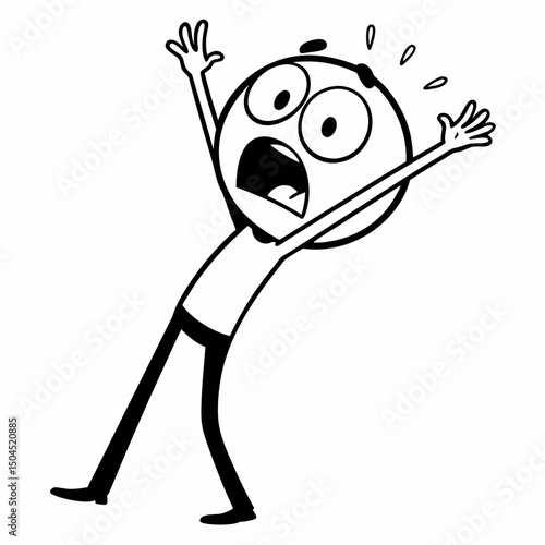 Simple stickman with both arms raised and round head showing a shocked expression (big eyes, open mouth), black and white vector style, expressive pose on white background