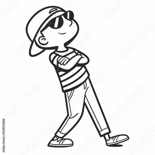 Minimalist black and white vector stickman with crossed arms and wearing sunglasses, relaxed stance and confident posture, clean style for icon or emoticon use