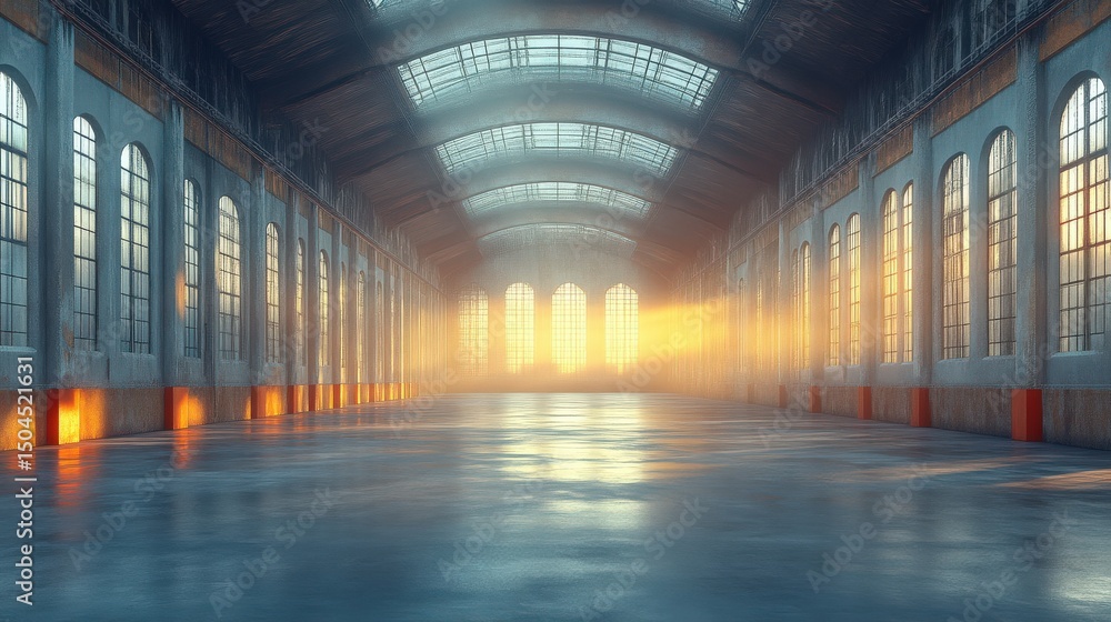 Fototapeta premium Spacious industrial hall with sunlight streaming through large windows