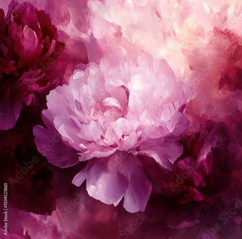 Abstract pink peonies, blurred and painted with loose brush strokes, in a close-up, cinematic