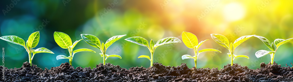 Closeup of young green plants growing in soil with sunlight shining through foliage. Concept of new life, growth, and sustainability. Closeup of young green plants growing in soil with sunlight shining through foliage. Concept of new life, growth, and sustainability.