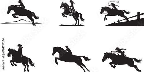 Cowgirls and horses jumping silhouettes western rodeo. eps-10