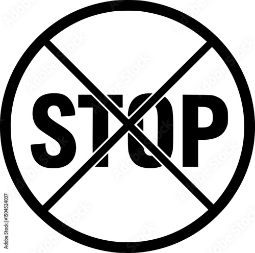 A bold, circular icon featuring the word STO in large stylized letters. The text is crossed out with a diagonal line indicating prohibition or negation. 