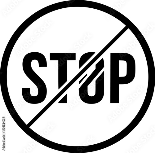 A bold, circular icon featuring the word STO in large stylized letters. The text is crossed out with a diagonal line indicating prohibition or negation. 