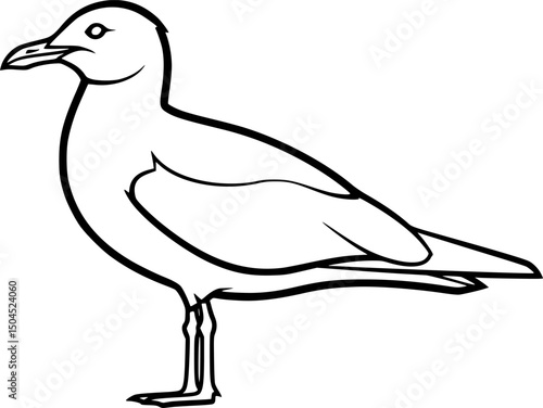 Seagull standing sideways in clean line art style. Features include pointed beak, long wings, and thin legs. Minimalist black outline for coastal, nature seaside graphics, bird-themed vector designs