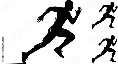Black vector silhouettes of a running man illustrate sport, fitness, and action. A side view of a man sprinting at full speed, legs extended mid-stride, arms pumping powerfully.