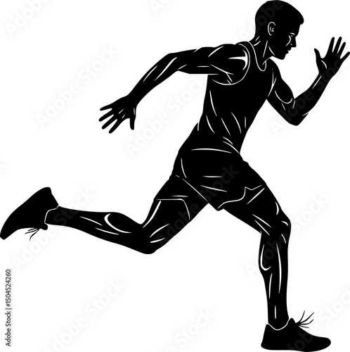 Black vector silhouettes of a running man illustrate sport, fitness, and action. A side view of a man sprinting at full speed, legs extended mid-stride, arms pumping powerfully.