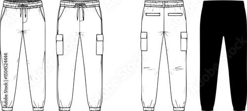 Flat activewear fashion unisex trouser joggers jeans cargo pants apparel front and back views, CAD design, mock-up, template, vector, clothing, technical drawing, fashion, illustration, line art.