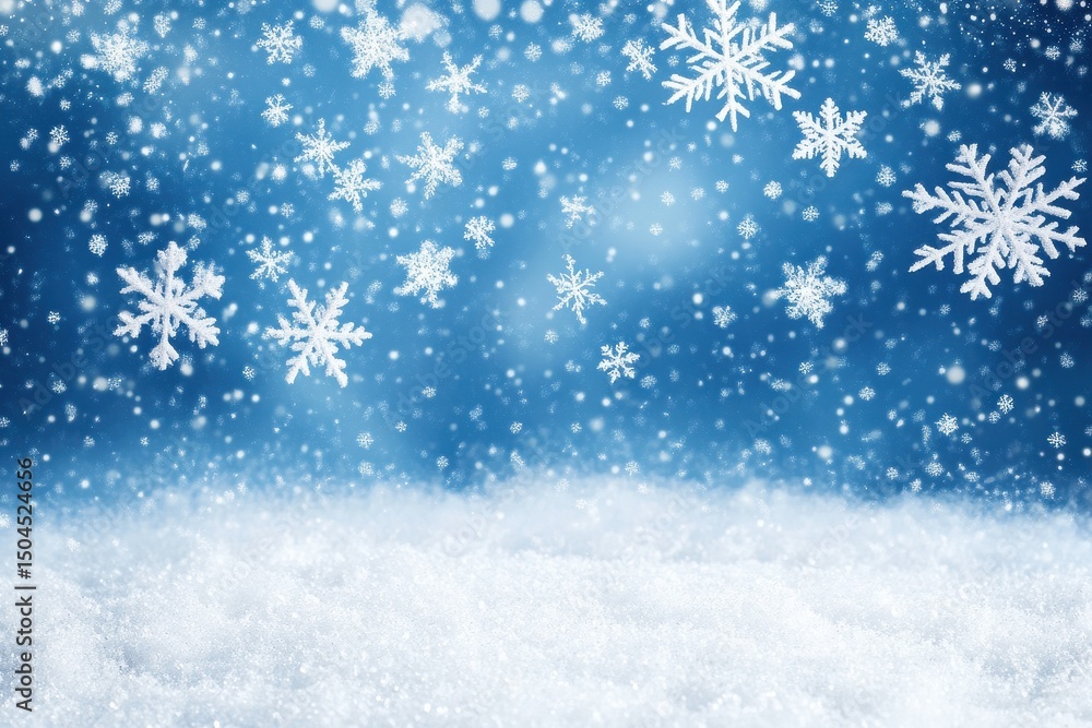 Naklejka premium Delicate snowflakes falling against a serene blue winter backdrop during the holiday season, Snowflakes backdrop, White snowflake winter christmas snow background