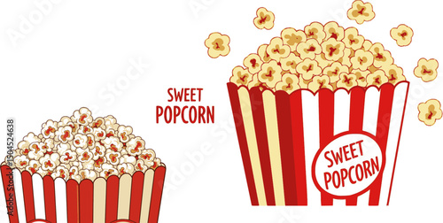 Classic red and white striped popcorn bucket filled with delicious, fluffy popcorn for movie night enjoyment
