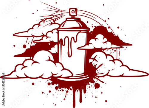 Black and white vector featuring a central spray paint can with drips, surrounded by stylized clouds and paint splatters. Ideal for street art designs, posters, or urban-themed graphics