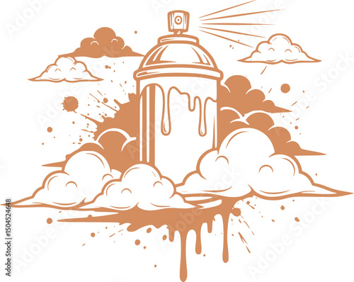 Black and white vector featuring a central spray paint can with drips, surrounded by stylized clouds and paint splatters. Ideal for street art designs, posters, or urban-themed graphics
