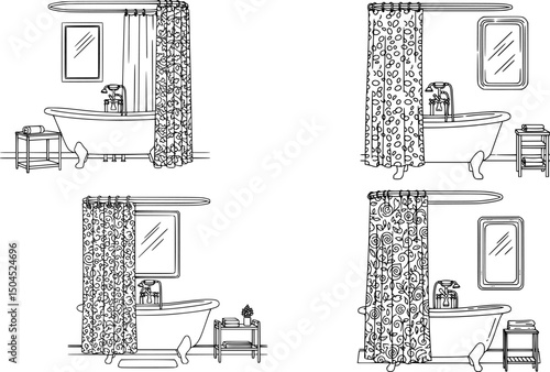 Set of Illustration of a vintage clawfoot bathtub with a small shelf beside it. A decorative shower curtain drapes next to the tub, and a mirror is mounted on the wall behind it. The image is outlined