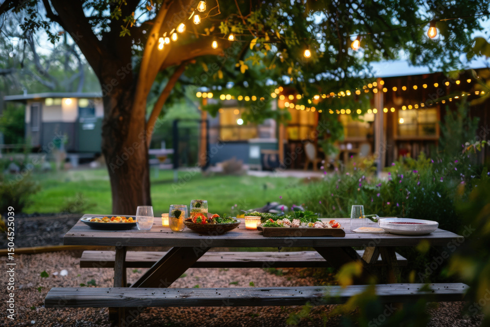 Obraz premium Garden dinner table with food and candles under string lights