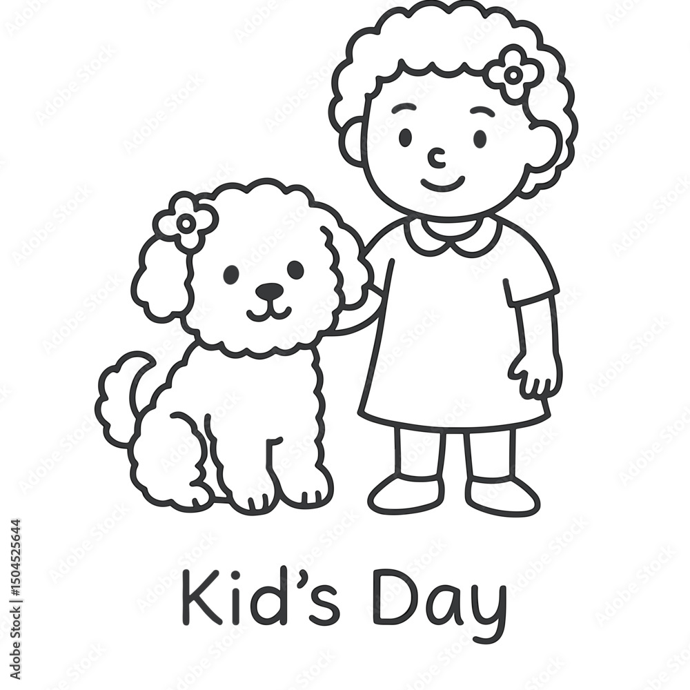 Young girl smiling with maltipoo dog in kids' day coloring book Young girl smiling with maltipoo dog in kids' day coloring book