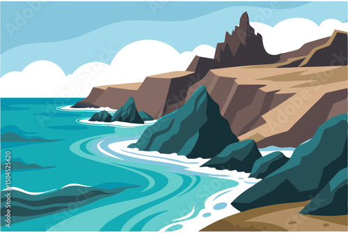 Seaside Rocks and Splashing Wave Scene