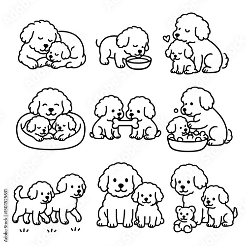 Maltipoo dog family vector icon set in playful coloring book design  