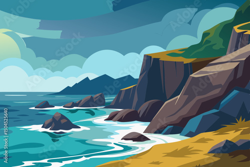 Coastal Shore with Crashing Sea Waves Vector