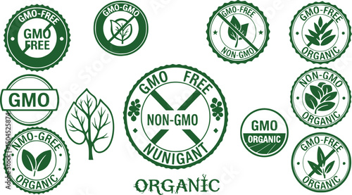 GMO free label. Non GMO icon. Organic cosmetic or food vector illustration for product packaging logo, sign, symbol or emblem. No chemicals badge isolated.
