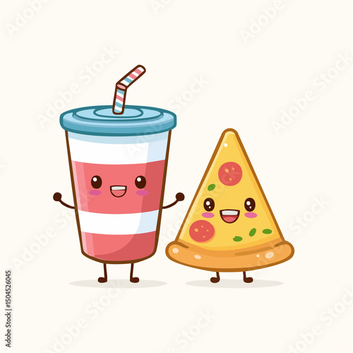 Kawaii Pizza and Drink Combo – Flat 2D Vector

