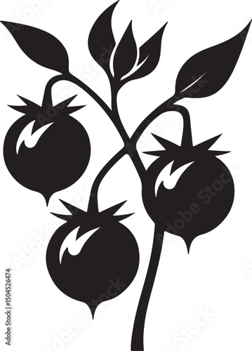 Deadly Nightshade Fruit Black Silhouette Vector, Poisonous Plant Clipart & Gothic Botanical Design