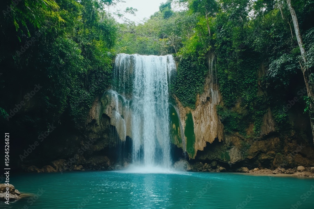 Fototapeta premium Discover the beauty of a hidden waterfall in a lush tropical forest surrounded by vibrant greenery, Scenic waterfall in tropical forest Amazing nature background