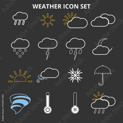 Line icon set about weather.Sun, moon and cloud, rain and wind, thunderstorm and fog, snow meteorological symbols for app. Sunny, rainy and windy, thunderstorm and snowy, foggy weather. Vector set.