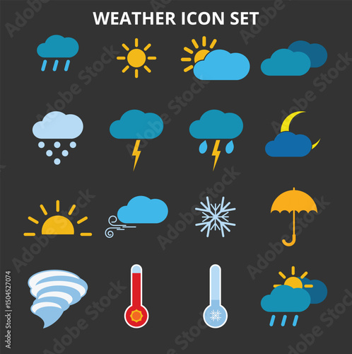 Weather icon set rain,sun,snow,cloud,wind,tornado,thunderstorm.meteorological symbols for app. Sunny, rainy and windy, thunderstorm and snowy, foggy weather. Vector set.