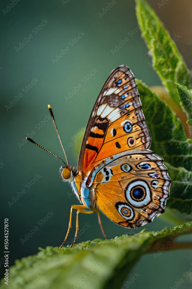 Obraz premium A vibrant orange and black monarch butterfly, a beautiful insect, rests its delicate wings on a colorful flower in a lush garden, showcasing nature's beauty and small wildlife during summer