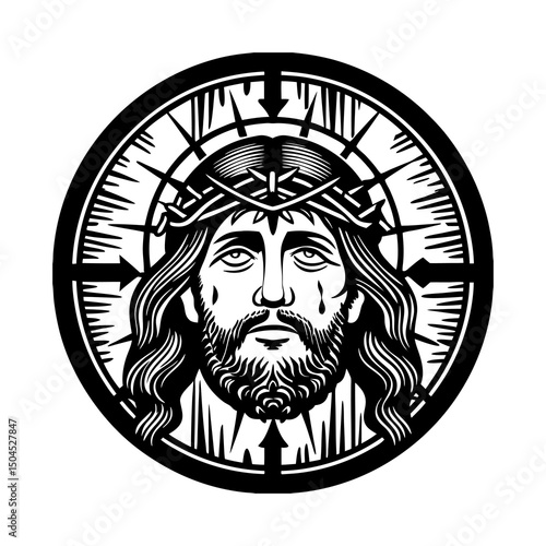 Jesus Christ Sacred Heart Emblem. A striking black and white illustration of Jesus Christ with the Sacred Heart, enclosed in a circular emblem. Ideal for religious, spiritual, and devotional design.