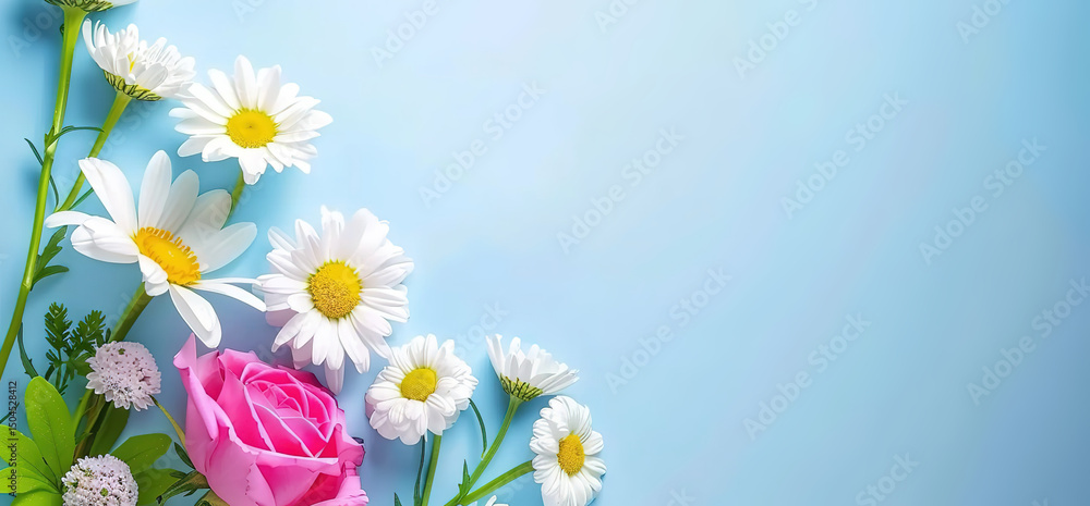 Fototapeta premium Pink rose and white daisies on a blue background. Perfect for spring and summer designs, greeting cards, invitations, and more.