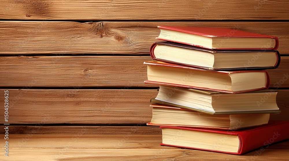 Aged Books Stacked Against Rustic Wooden Background Aged Books Stacked Against Rustic Wooden Background