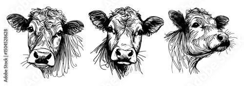 cow portraits in detailed black and white sketch vector style