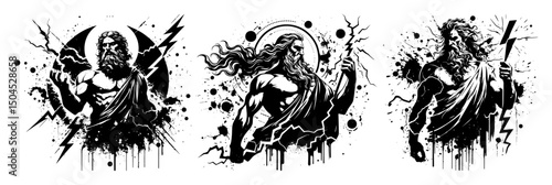 greek gods with lightning in expressive black and white ink style