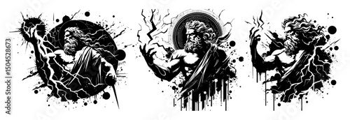 dynamic greek gods in expressive black and white ink vector style