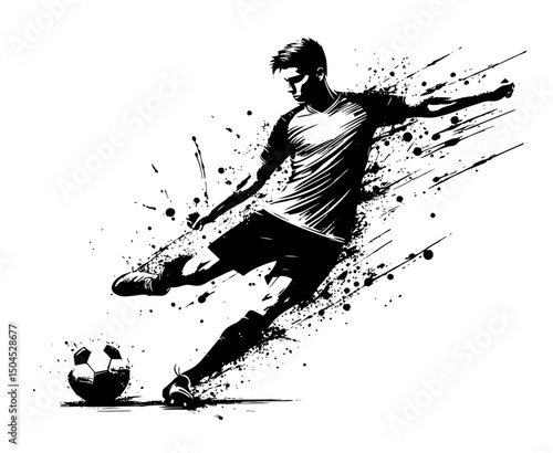 soccer player striking ball with motion effect in ink style