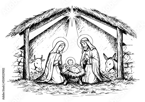 nativity scene with holy family in detailed black and white illustration