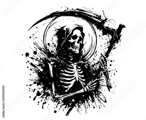grim reaper with scythe and hood in grunge ink illustration