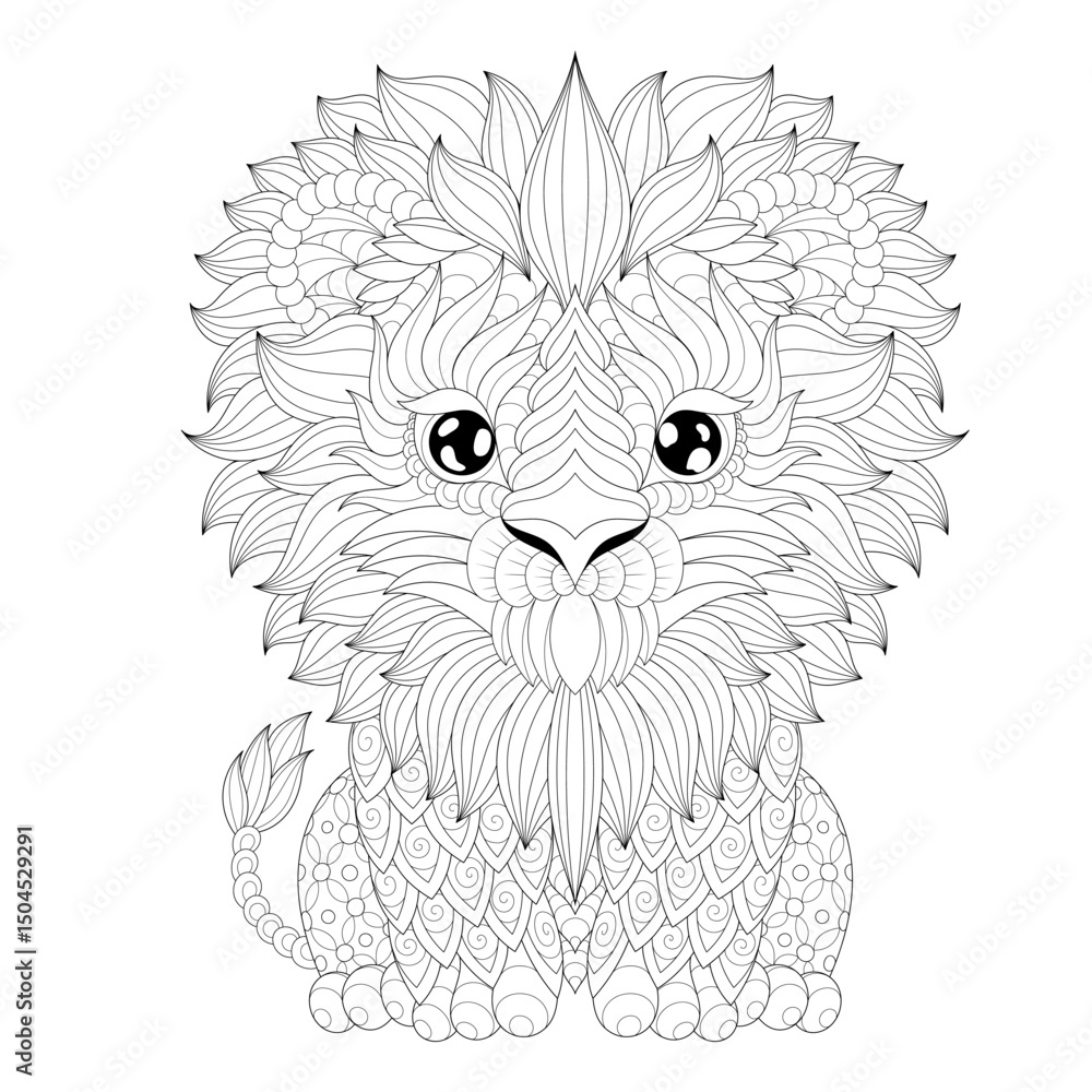 Fototapeta premium Cute lion cub coloring page, vector illustrations for adults in zentangle style. Vector illustrations for coloring lion cub.