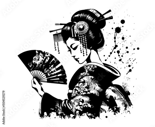 traditional japanese geisha with fan in elegant ink style