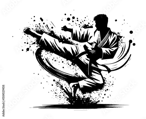 martial artist performing high kick in dynamic ink style