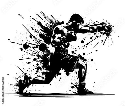 boxer throwing punch in dynamic black and white grunge style