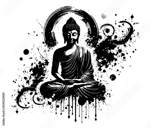 buddha in meditation pose with abstract grunge ink background