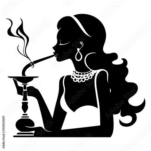 silhouette of elegant woman smoking hookah in black and white